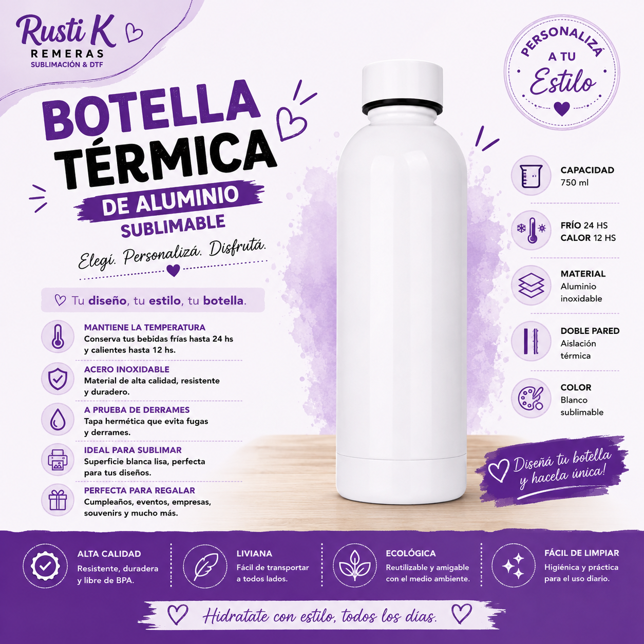 Botella térmica de aluminio sublimable